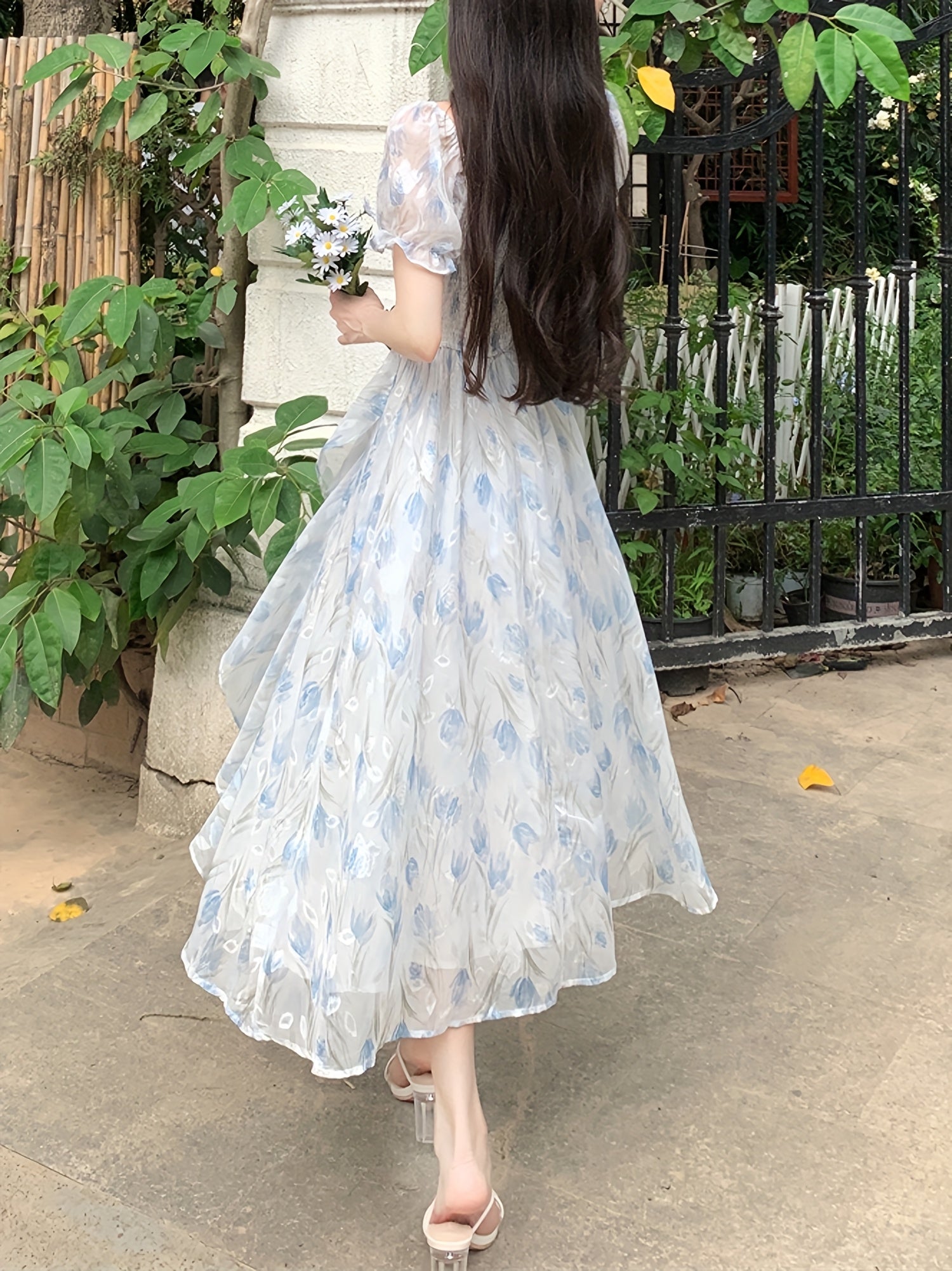 BXOXO Polyester Casual Square Neck Puff Sleeve Short Floral Midi Trapeze Fit and Flare Shirred A-Line Dress, No Belt, No Padding, H Contour, Regular Fit, Woven, 100% Polyester Lining, 90g/㎡ Fabric Weight, 56g/㎡ Lining Wei