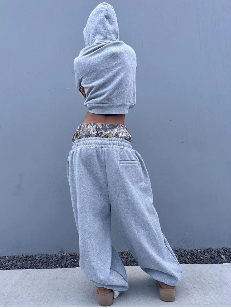 BXOXO Y2K Retro Sweatpants Double Waisted Embroidered Camouflage Pattern Wide Leg Pants Casual Streetwear Unisex Baggy Pants