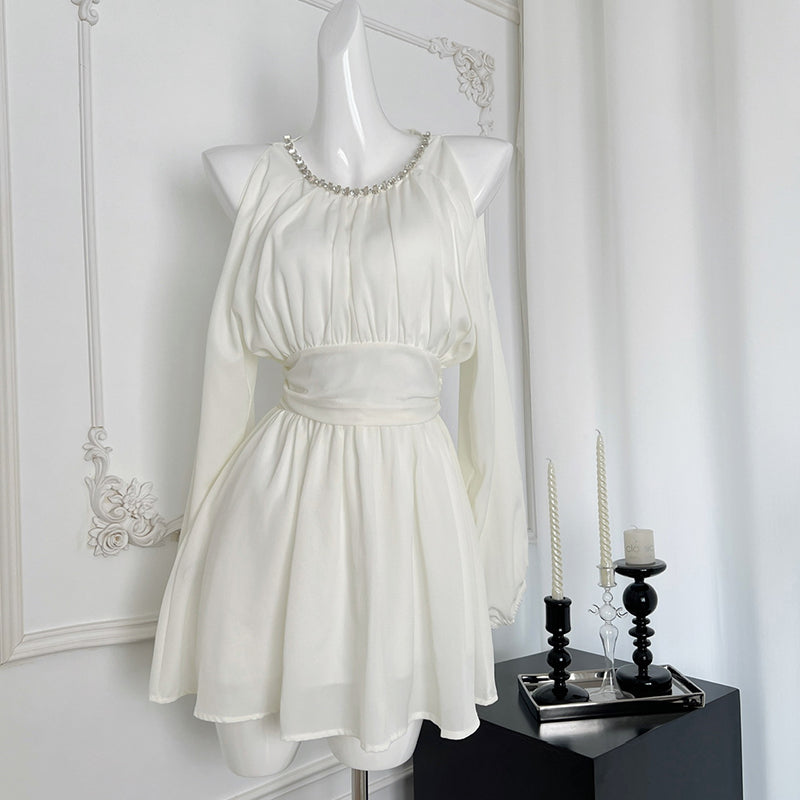 BXOXO - summer inspo Elegant Long Sleeve Mini Dress For Women 2025 New Gentle Style Off-the-shoulder Halter Neck Dress Sweet Temperament Dress