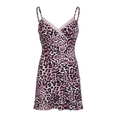 Bxoxo Y2k women dress chic lace leopard print retro fashion casual street punk hip hop emo girls Harajuku sweet V-neck suspender dress