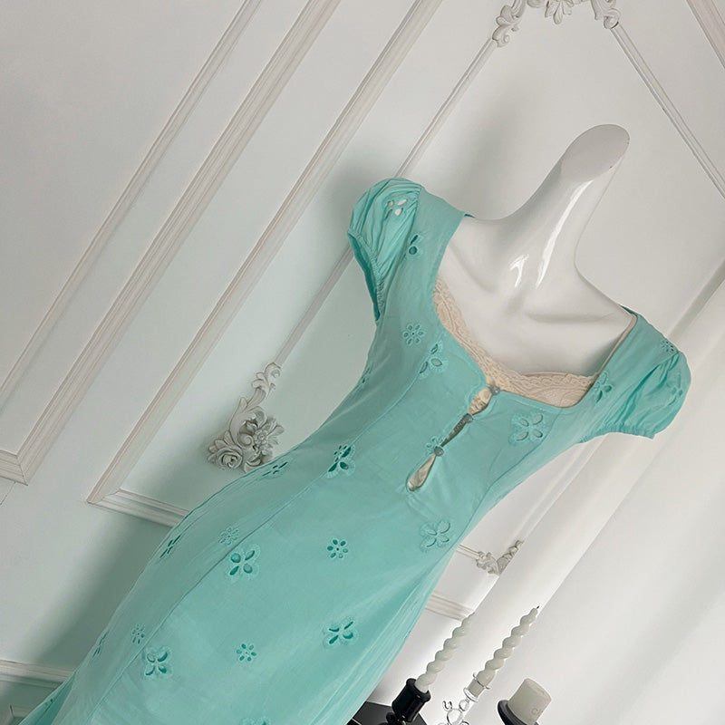 BXOXO - summer inspo 2025 New French Style Vintage Dress Women Summer Embroidery Short Sleeve Square Collar Hollow Out Dresses Sweet Fishtail Dress