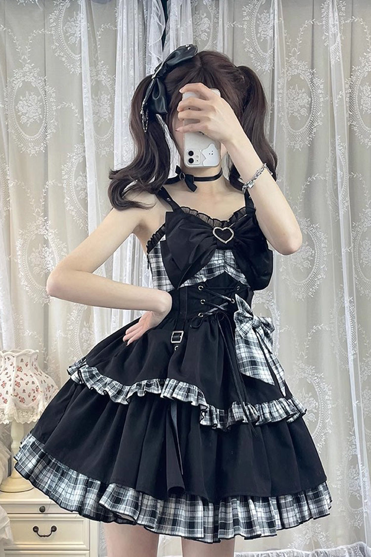 BXOXO - Black/White Plaid Print Color Contrast Leather Buckle Bowknot Ruffle Gothic Lolita JSK Dress