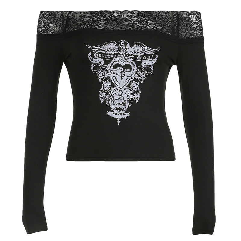 BXOXO - summer inspo Gothic Retro Lace Trim Slash Neck Blouses Womenâ€?Long Sleeve Y2k Darkly Chic Print Autumn Trendy Fashion Tops