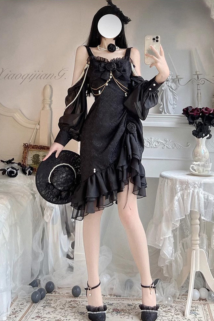 BXOXO Camellia Rose Ruffle Asymmetric Gothic Chinese Style Elegant Lolita Jsk Dress 3 Colors
