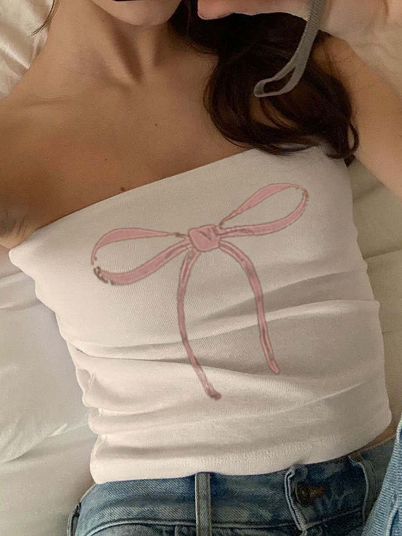 BXOXO - summer inspo Bow Print Cute Y2K Strapless Tube Top Women 2000s Kawaii Crop Top Summer Streetwear