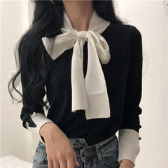 BXOXO party look inspos Korobov Korean Lacing Bow Sweet Women Pullovers Hit Color Basic Long Sleeve Female Sweaters Elegant Patchwork Sueter Mujer