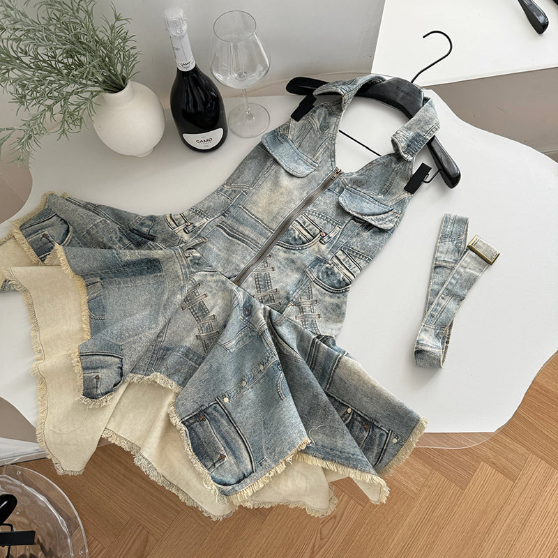 BXOXO - summer inspo Spicy Girl Halter Neck Denim Dress For Women's Summer Retro Streetwear Sleeveless Irregular Short Dress Fashion Female Clothes