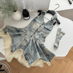 BXOXO - summer inspo Spicy Girl Halter Neck Denim Dress For Women's Summer Retro Streetwear Sleeveless Irregular Short Dress Fashion Female Clothes