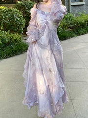 BXOXO Lavender Blue Ombre Dress - Elegant Floral Print, Long Sleeve, Off-Shoulder, A-Line Silhouette, Ruffle Detail, Polyester, Perfect for Spring & Summer
