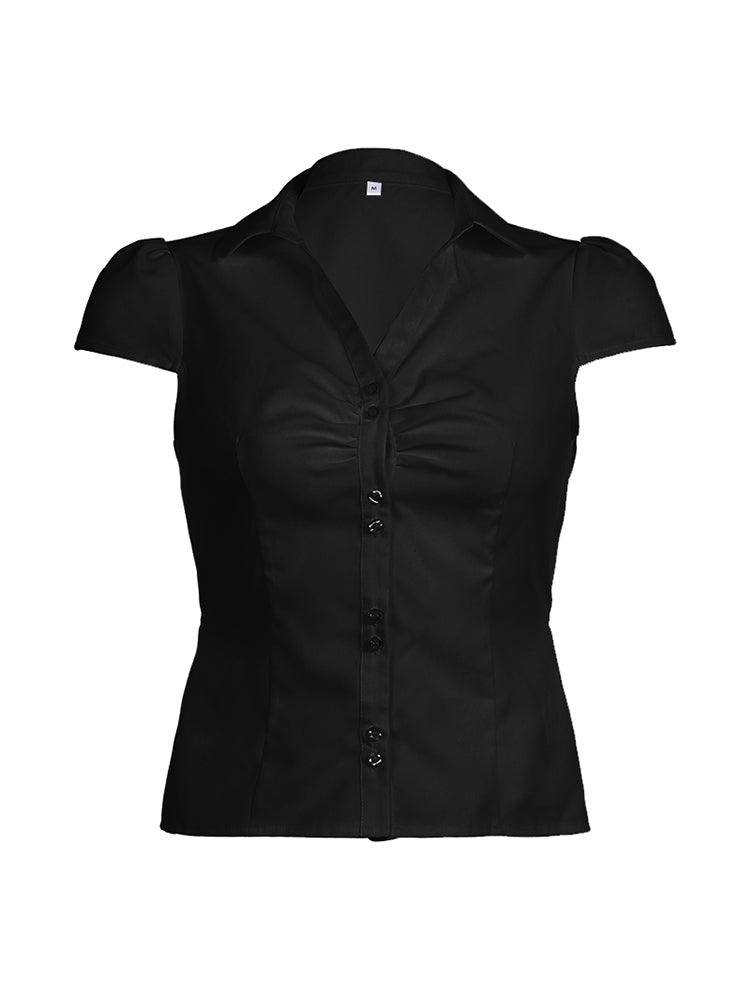 BXOXO - summer inspo Solid Shirring Button Up Turn Down Collar Short Sleeve White Shirts Women Simple Casual Summer Clothes