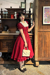 BXOXO Wine Red Annie's Gift Short Sleeves Bowknot Sweet Lolita Dress (Plus Size Support)