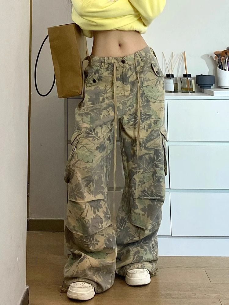 BXOXO Vintage Y2k Camouflage Cargo Pants Women Hip Hop Style Wide Leg Camo Pants Tie-dye Streetwear Grunge Aesthetic 90s Pants