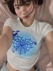 Bxoxo Streetwear Hip Hop Fashion vintage Harajuku Women Crop Tops Sexy Slim Punk Rock Hottie Spider Web Print O-Neck Baby Short Sleeve