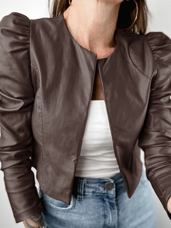BXOXO Long Sleeves Loose Pleated Solid Color Split-Joint Collarless Jackets Outerwear