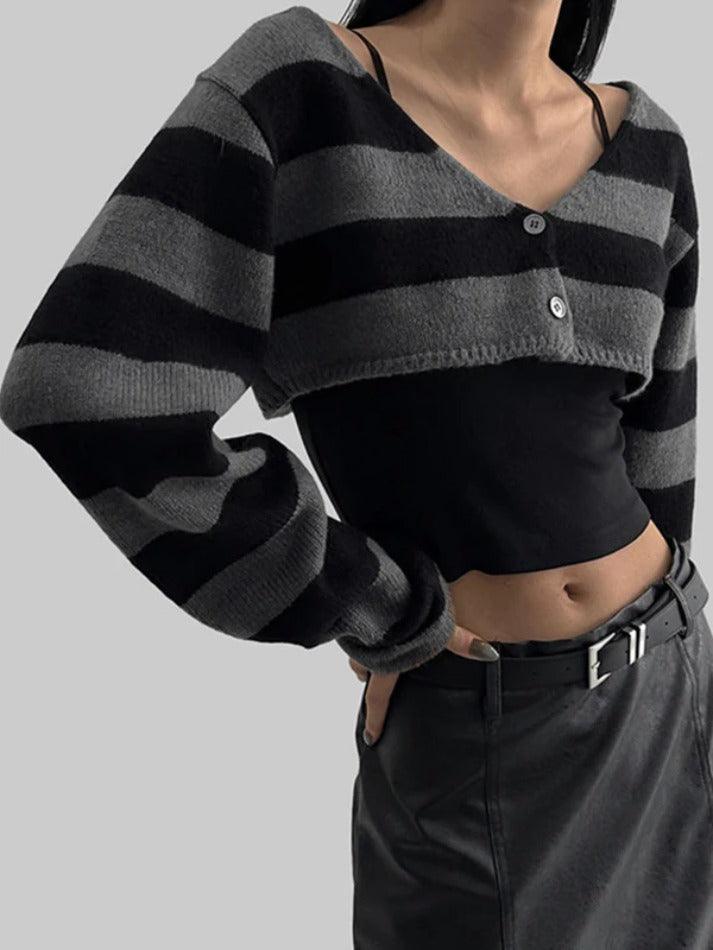 Vintage Striped Ultra Short V Neck Long Sleeve Knit