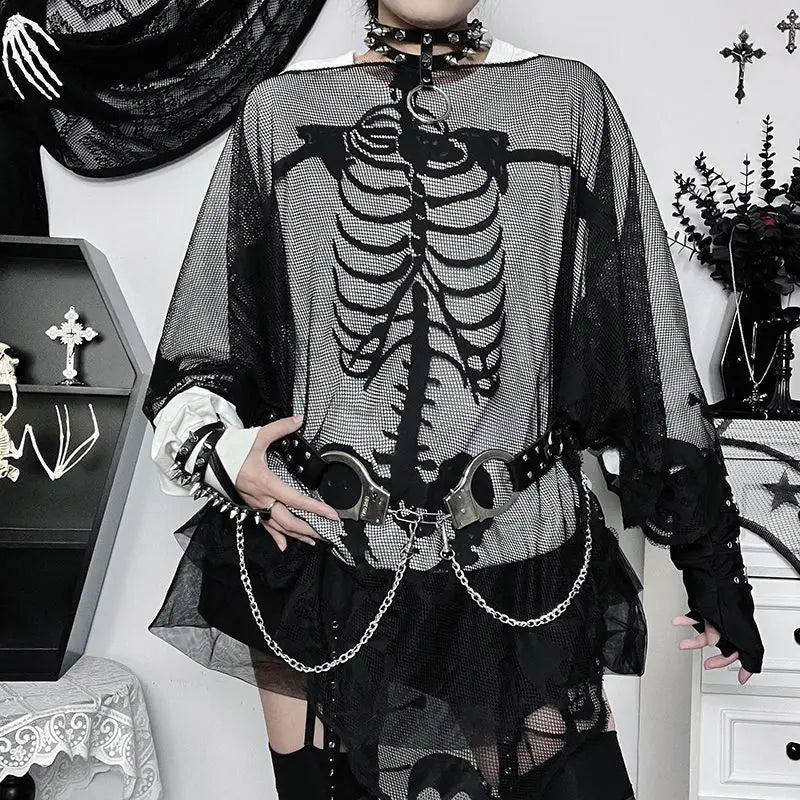 BXOXO Skulls Streetwear Punk Loose Mesh Tops Gothic Girl Emo T shirts Casual Hip Hop Dark Grunge Vintage Clothes 90S Aesthetic Y2k Tee