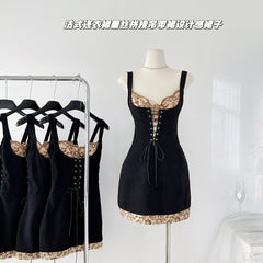 BXOXO - summer inspo French Elegant Dress Women 2025 New Lace Patchwork Suspender Dress Slimming Lace-up Midi Dress