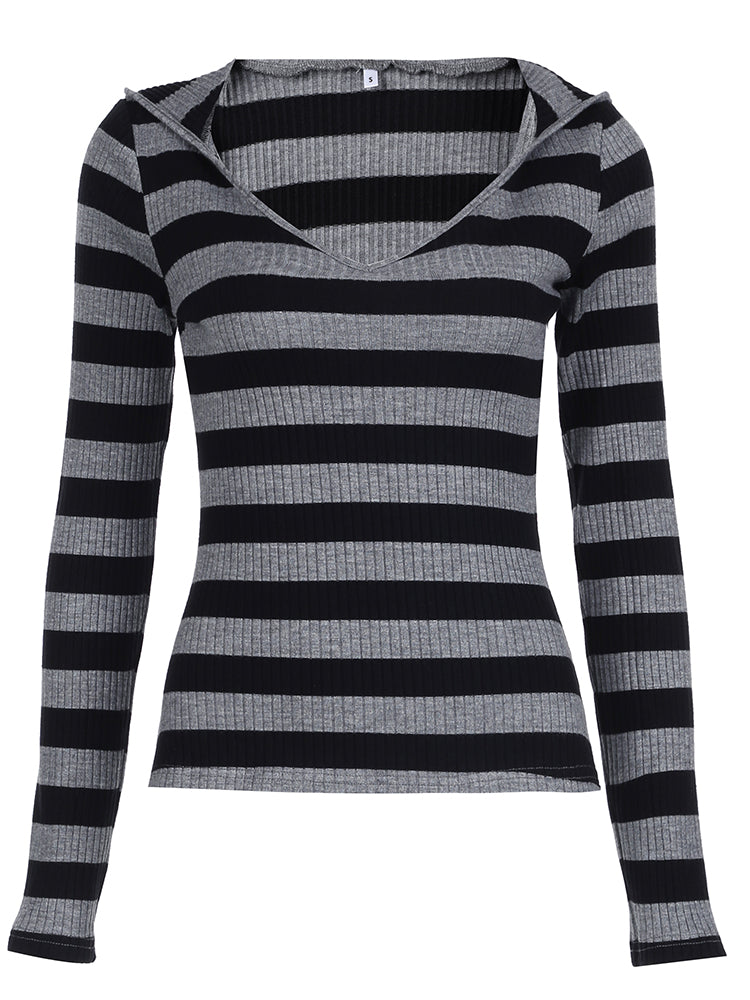 BXOXO - summer inspo Black Dark Gray Stripe Hooded T-Shirt Women V Neck Slim Long Sleeve Basic Spring Autumn Ribbed Top Preppy Streetwear Tee