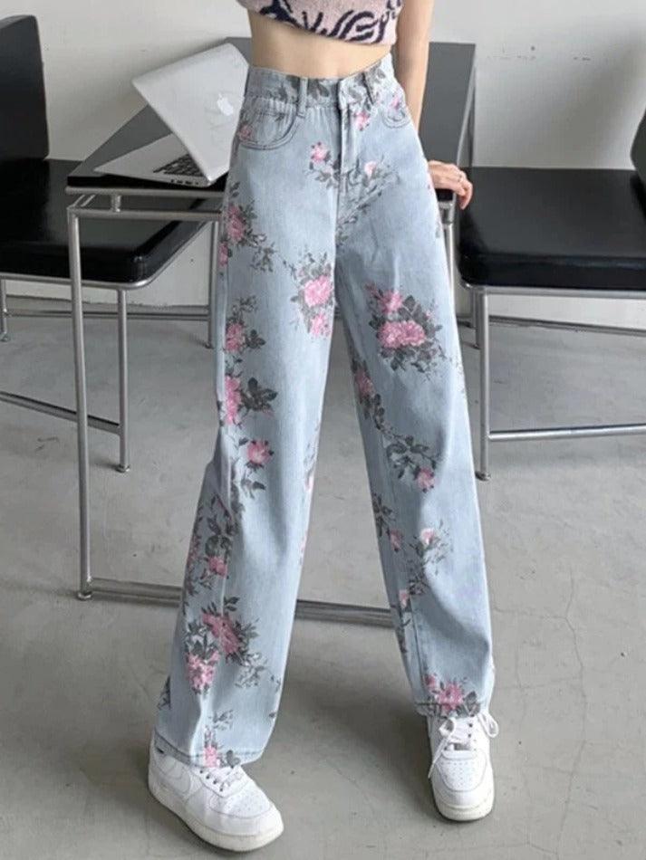 Washed Floral Print Boyfriend Jeans
