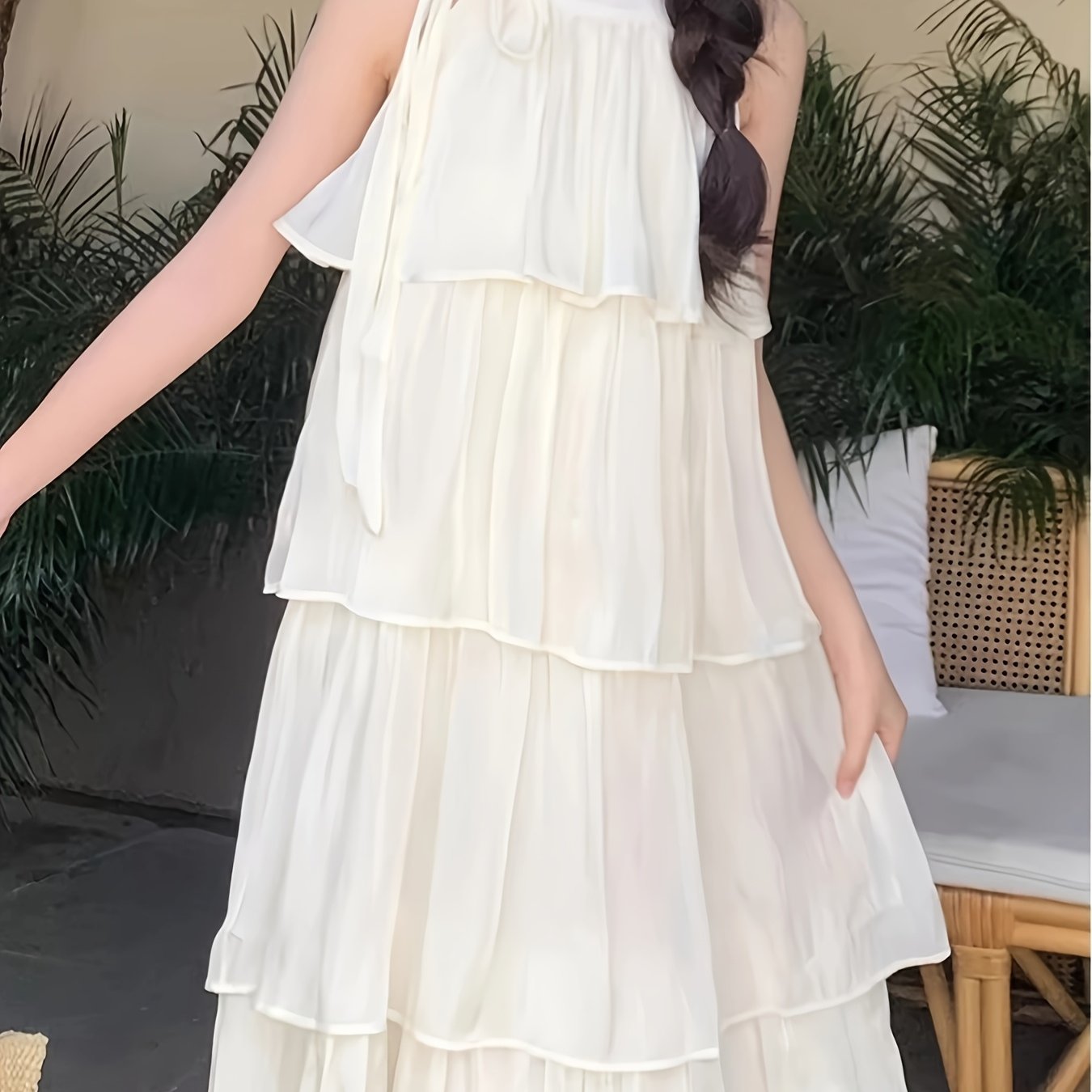 BXOXO 1pc Elegant French Halter Neck Off-Shoulder Cake Suspender Skirt Dress for Women - Summer New Casual Seaside Vacation Dress, Polyester, Round Neck, Sleeveless, Layered Cake Design, Mid-Length, Loose Fit, A-Line, Lightwe