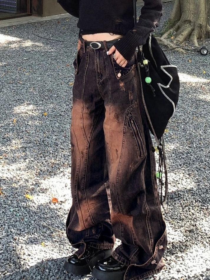 Vintage Distressed Zipper Buckle Splice Boyfriend Jeans