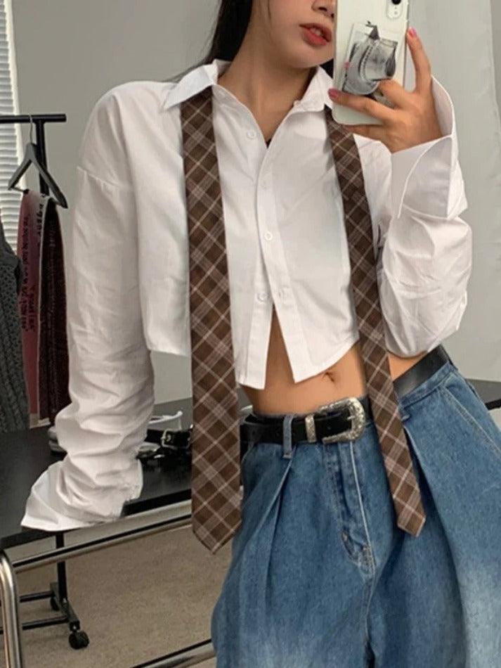 White Button Front Cropped Long Sleeve Blouse