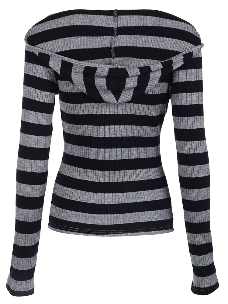 BXOXO - summer inspo Black Dark Gray Stripe Hooded T-Shirt Women V Neck Slim Long Sleeve Basic Spring Autumn Ribbed Top Preppy Streetwear Tee