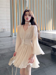 BXOXO party look inspos Spring Autumn New Solid Short Dress Elegant Women V-Neck Flare Sleeve A-Line Mini Dresses Fashion Lady Birthday Party Vestidos