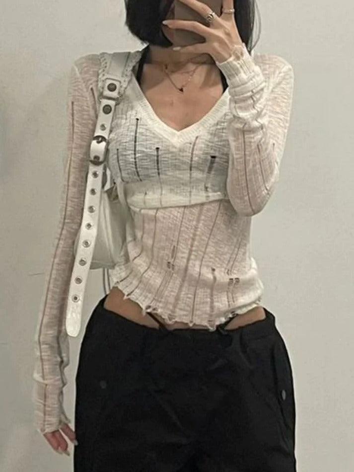 V Neck Tattered Slim Long Sleeve Knit