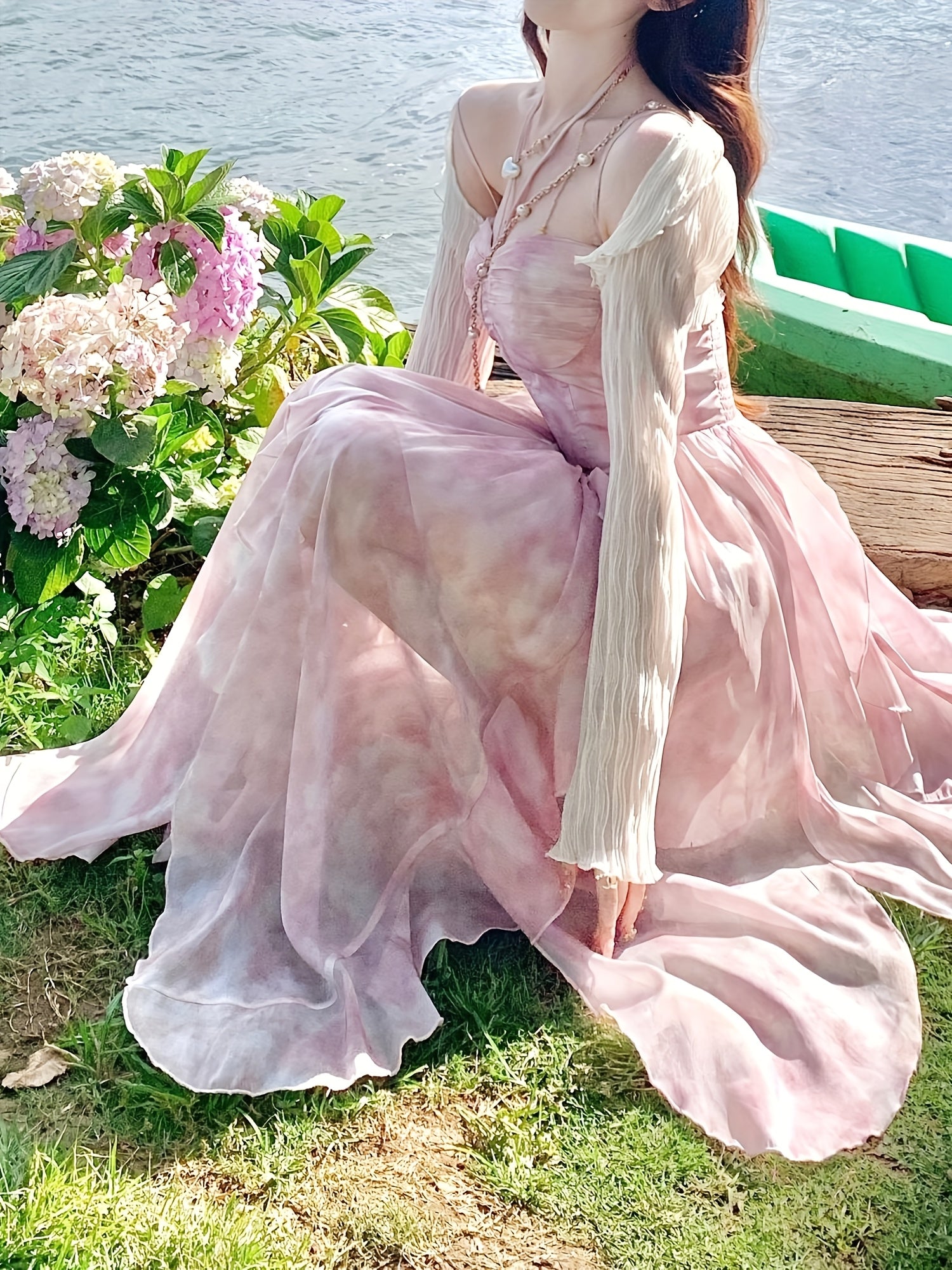 BXOXO [French Style] Cherry Blossom Pink Tie-Dye Suspender Dress - French Style, Gradient Dyeing, Floral Irregular Hem - Women's Summer Vacation Long Dress