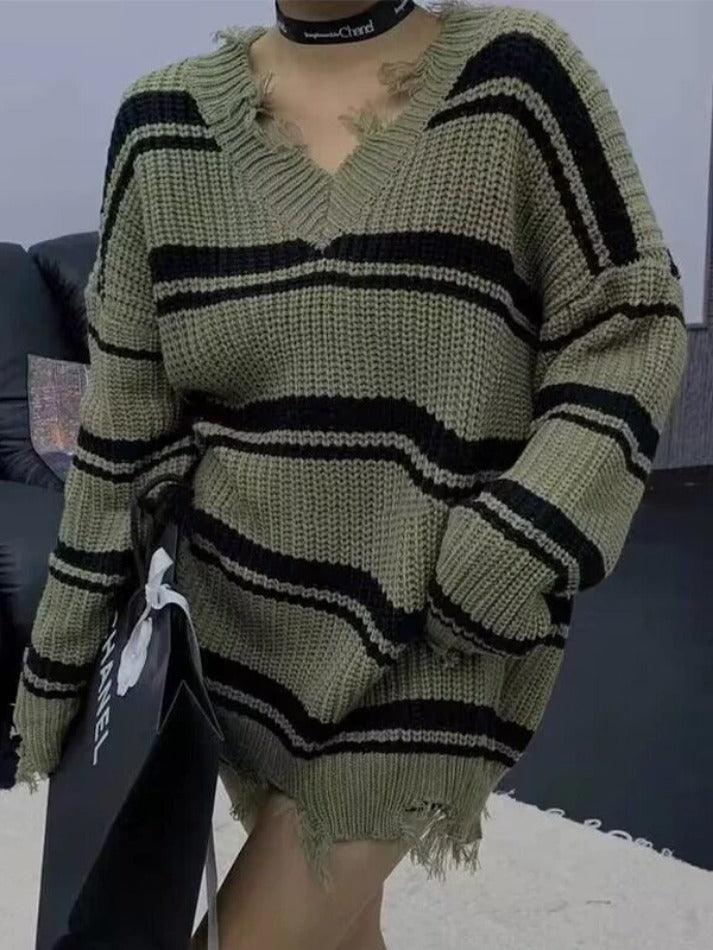 Striped V Neck Frayed Tassel Knit Sweater