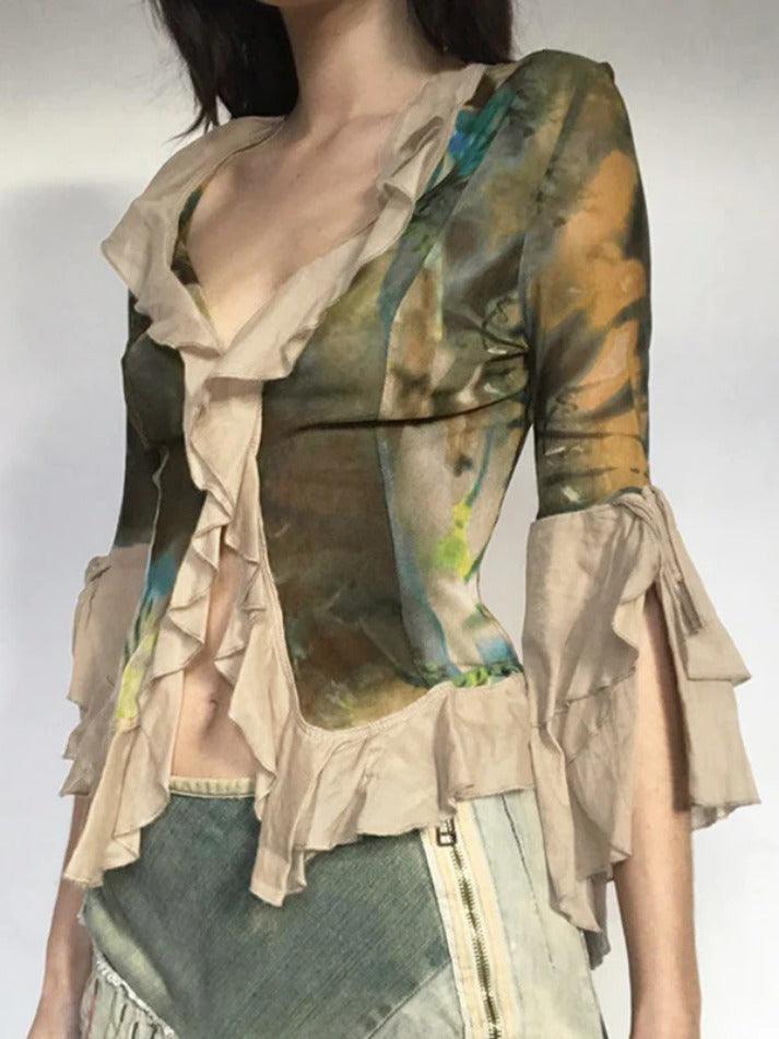 Tie Dye Ruffle Splice Cardigan Long Sleeve Blouse
