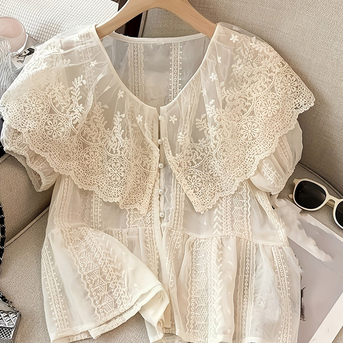 BXOXO 1pc Elegant V-Neck Lace Blouse for Women, 100% Polyester Sheer Ruffle Shirt with Button Details, All-Season Woven Solid Color Top
