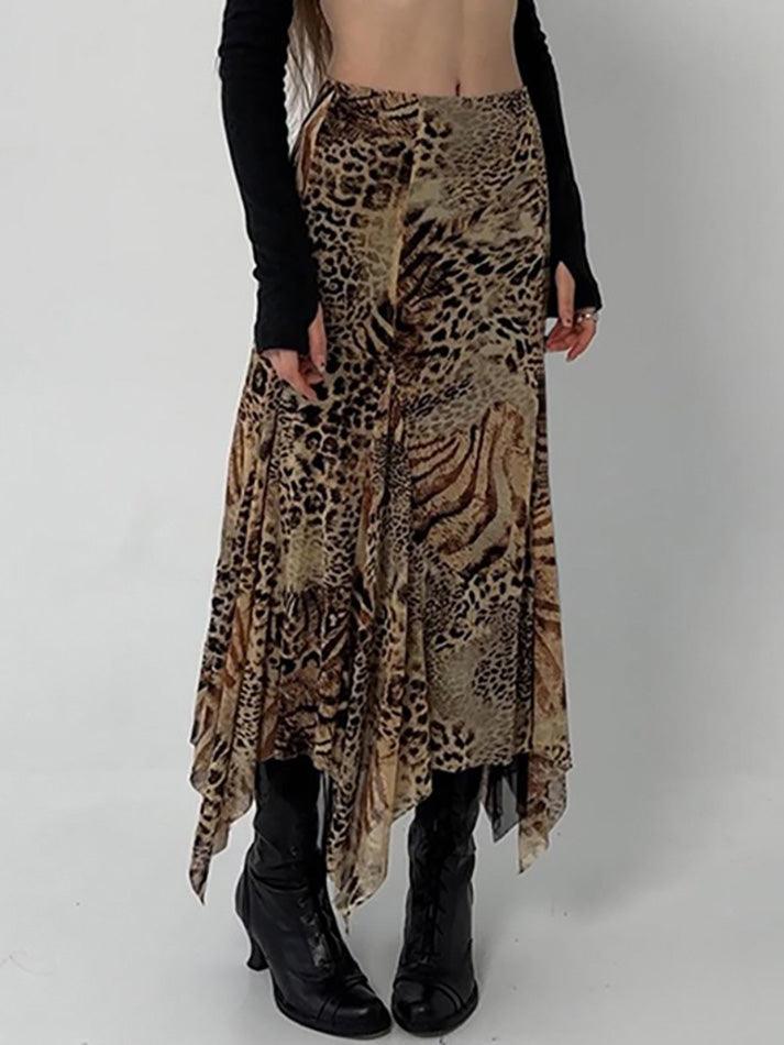 BXOXO - Vintage Leopard Print Asymmetrical Hem Midi Skirt