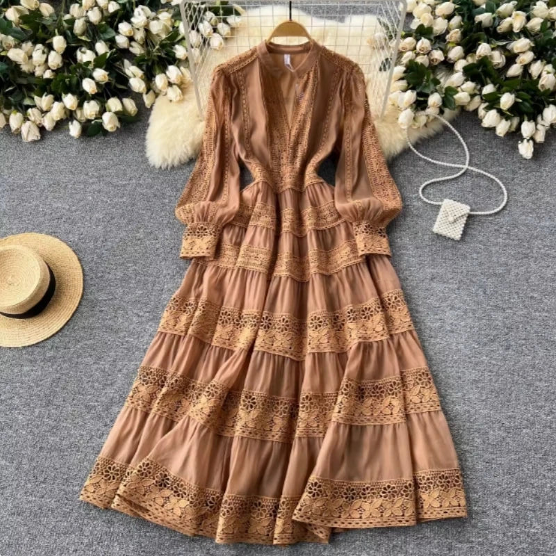 BXOXO Autumn Frence Elegant Embroidery Dress Women Chic Splice V Neck Long Sleeve Clothes New Aesthetic Evening Party Retro Dresses