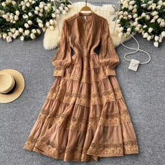 BXOXO Autumn Frence Elegant Embroidery Dress Women Chic Splice V Neck Long Sleeve Clothes New Aesthetic Evening Party Retro Dresses