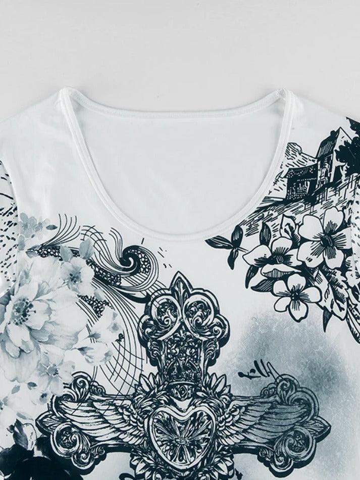 Vintage Cross Flower Print Slim Long Sleeve Tee