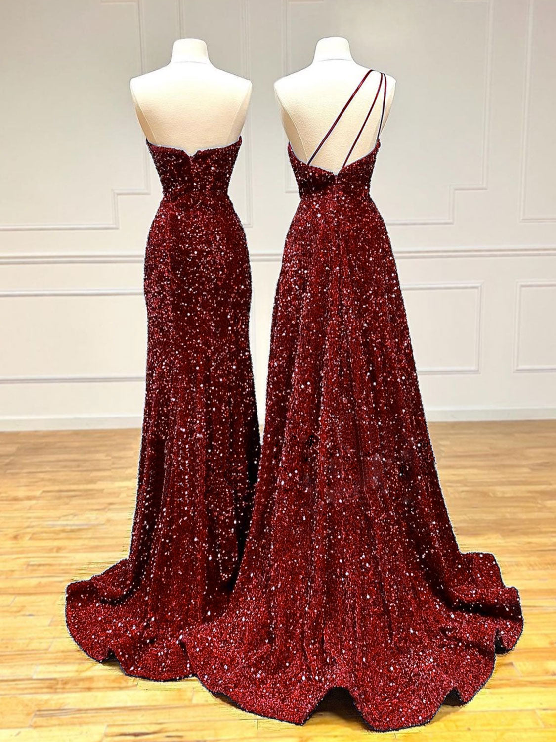 BXOXO Unique Velvet Sequin Mermaid Burgundy Long Prom Dress, Burgundy Formal Evening Dress