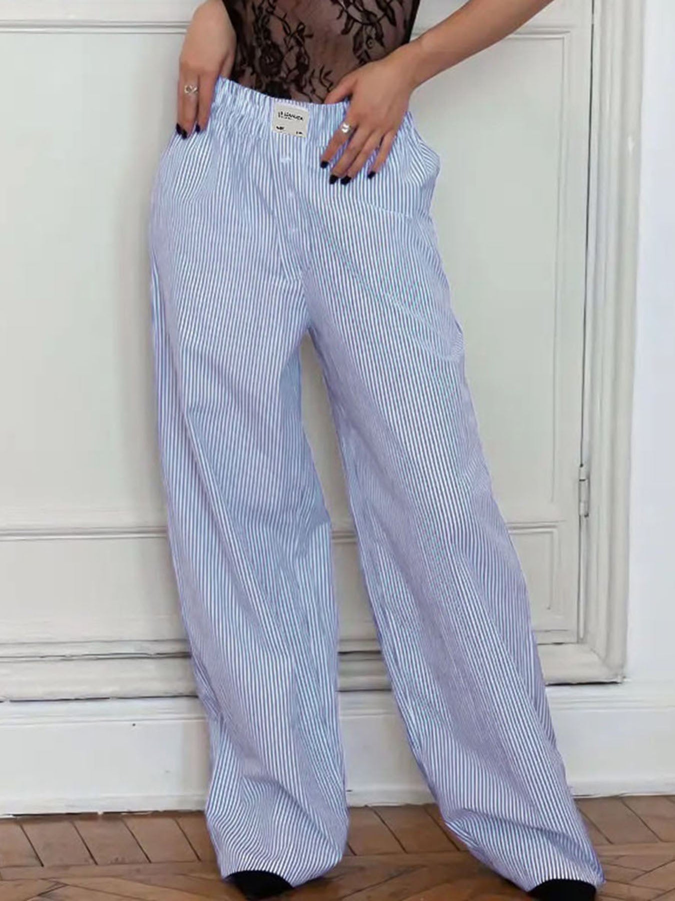 BXOXO - summer inspo Sweetown Blue Stripe Casual Loose Baggy Trousers For Women Button Details Elastic High Waist Boho Fashion Straight Leg Pants