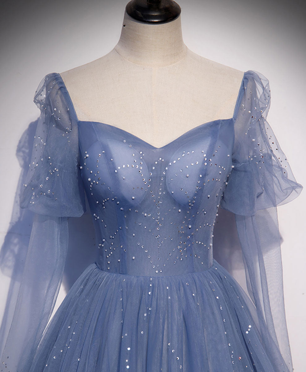BXOXO A line Blue Long Prom Dress, Blue Formal Graduation Dress with Beading