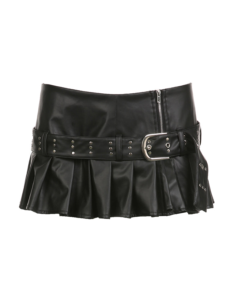 BXOXO - summer inspo Punk Gothic Zipper Split Black PU Leather Pleated Skirt With Rivet Belt Women Sexy Baddie Outfits