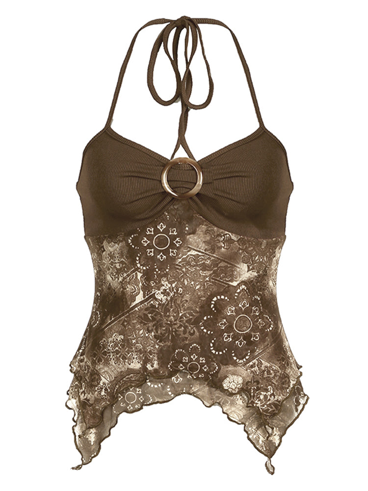 BXOXO - summer inspo Sweetown Retro Forest Green Vintage Print Boho Y2K Camisole Backless Halter Tie Asymmetrical Tops Women Summer Vacation Clothing