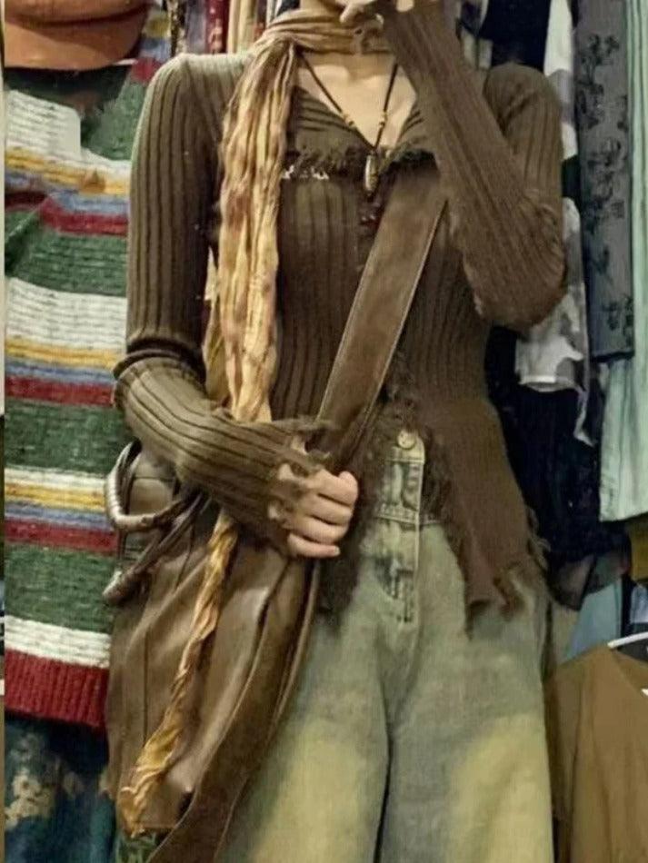 Vintage Brown Tassel Trim V Neck Cardigan