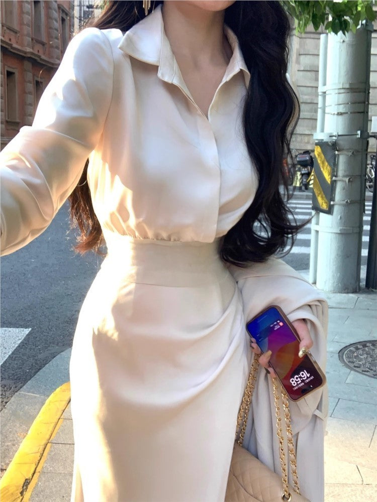 BXOXO party look inspos Korean Elegant Solid 2-piece Skirt Set for Women Long Sleeve Shirt Slim Waist Midi Mermaid Skirt Fashion Office Lady Clothes New