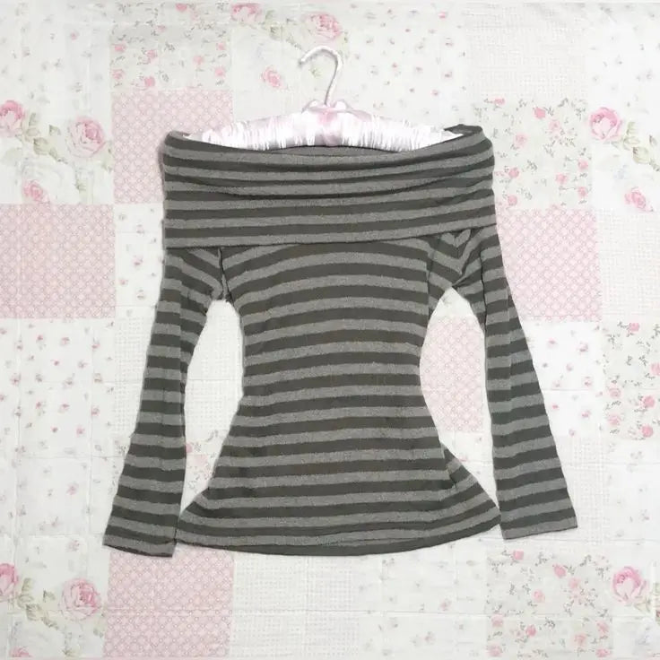 BXOXO Kawaii Cute Y2k Tops T shirts Long sleeves Stripe Gray Sweet Girl Casual Winter Clothes Punk Aesthetic Women Tees Grunge Emo Top