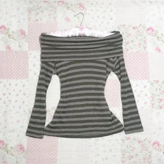 BXOXO Kawaii Cute Y2k Tops T shirts Long sleeves Stripe Gray Sweet Girl Casual Winter Clothes Punk Aesthetic Women Tees Grunge Emo Top