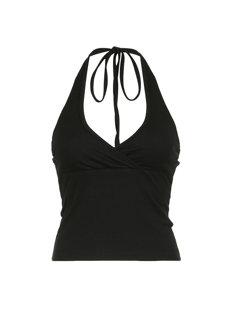 BXOXO - summer inspo Cross Tie Halter V Neck Crop Top Women Solid Basic Casual Slim Backless Sexy Tank Vest