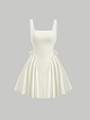BXOXO Elegant Sleeveless Square Neck Dress with Bow Detail, Solid Color Polyester, Summer Wear, Butterfly Knot Decor