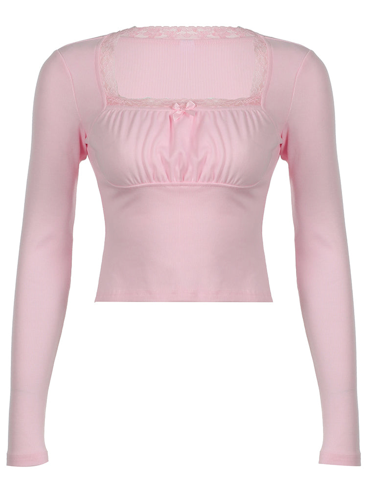 BXOXO - summer inspo Sweetown Japanese Kawaii Pink Sweet Bow Long Sleeve Tee Front Ruched Bust Lace Trim Square Collar Slim Balletcore Women T Shirt