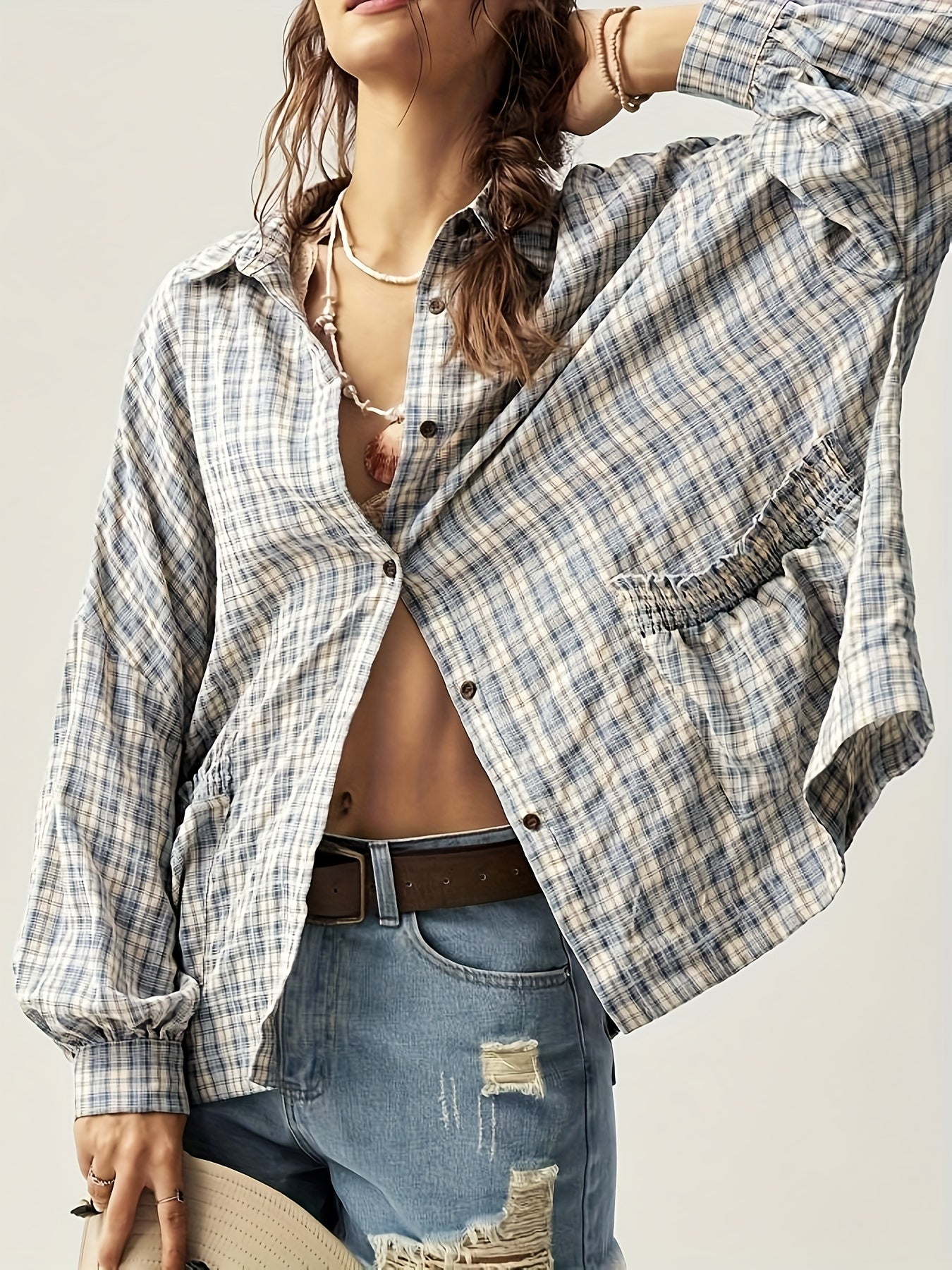 BXOXO Women's Loose Fit Retro Checkered Shirt - Elegant Casual Button-Up Blouse with Classic Collar, Blue & White Grid Pattern, Machine Washable All-Season Versatile Top, Nontransparent Fabric
